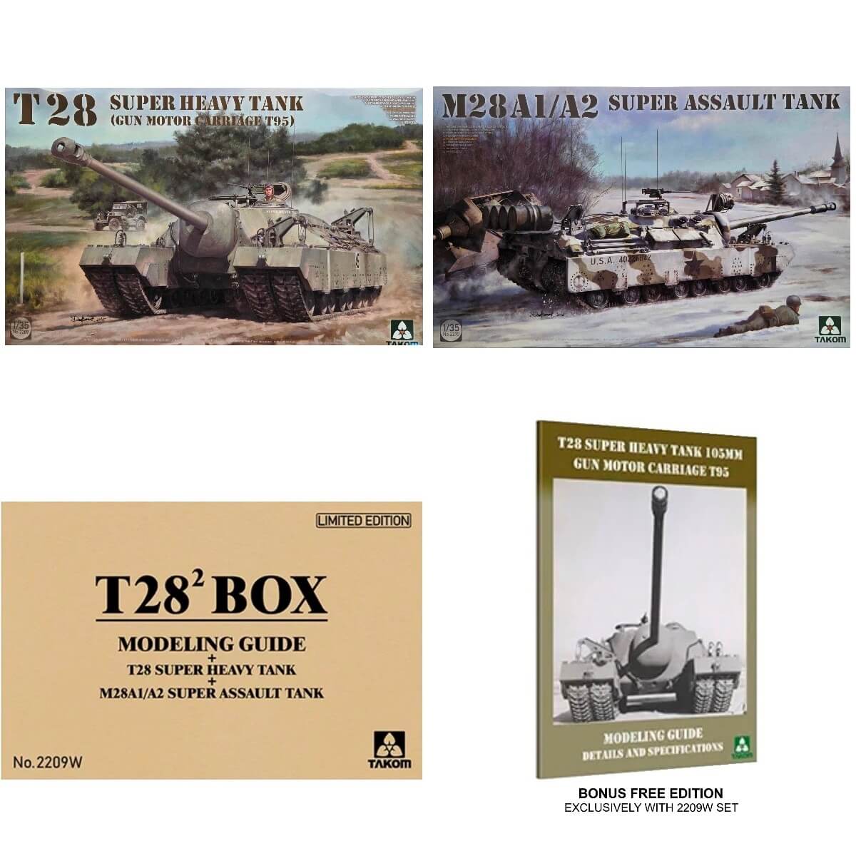 1:35 T28² BOX T28 Super Heavy Tank + T28A1/A2 Super Assault Tank + Modelling Guide - TAKOM