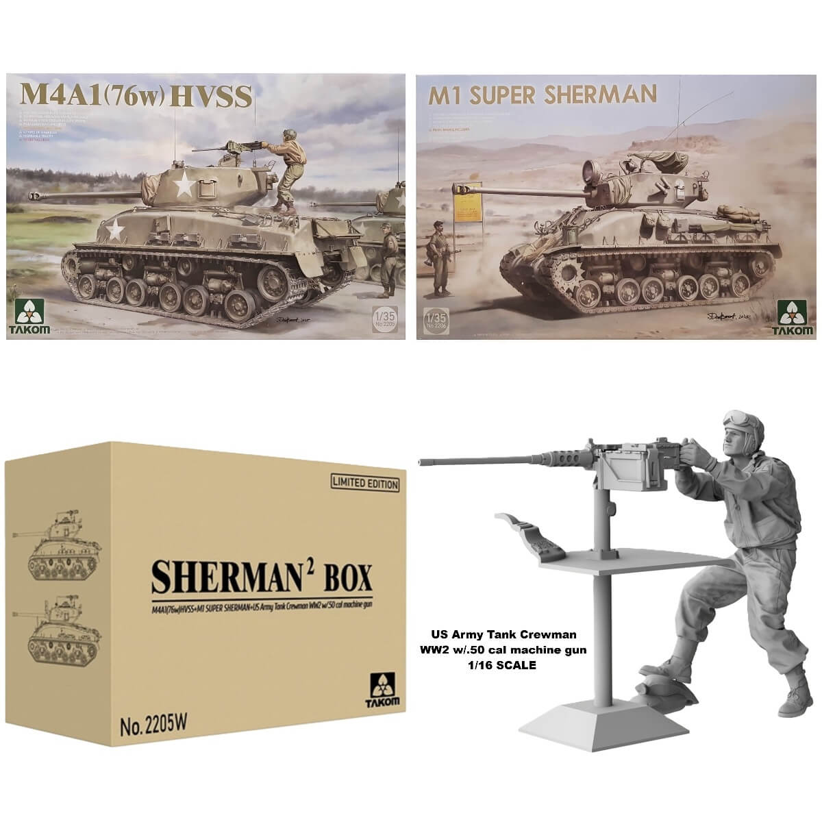 1:35 Sherman² Box M4A1(76w)HVSS and M1 Super Sherman with 1/16 US Army Tank Crewman - TAKOM